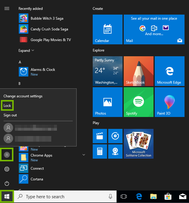 Start menu with profile log out highlighted
