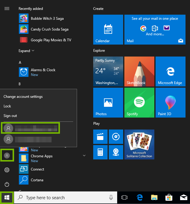 start menu with profiles and profile choice highlighted