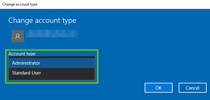 account type dialog with choices highlighted