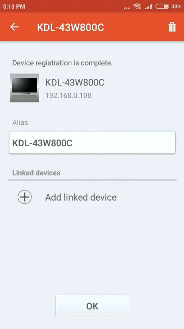 Mobile app device registration screen.