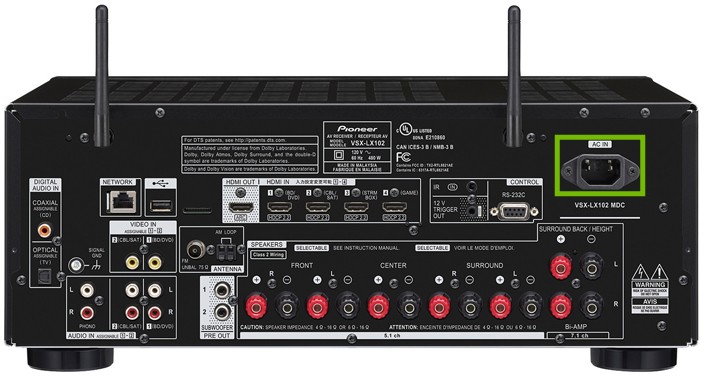 Back of receiver with power port highlighted