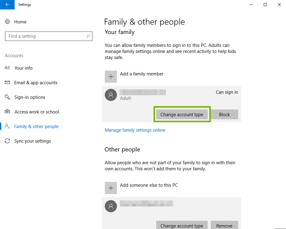 family and other people settings with change account type button highlighted