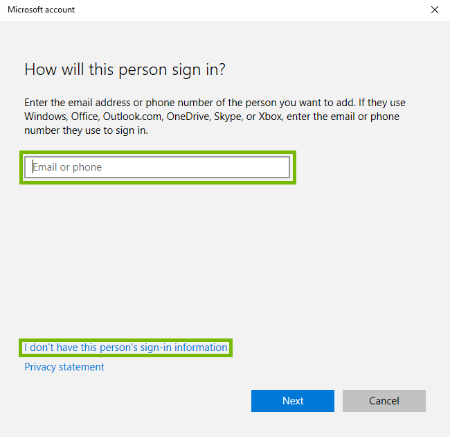 New account setup with email field and unknown information link highlighted