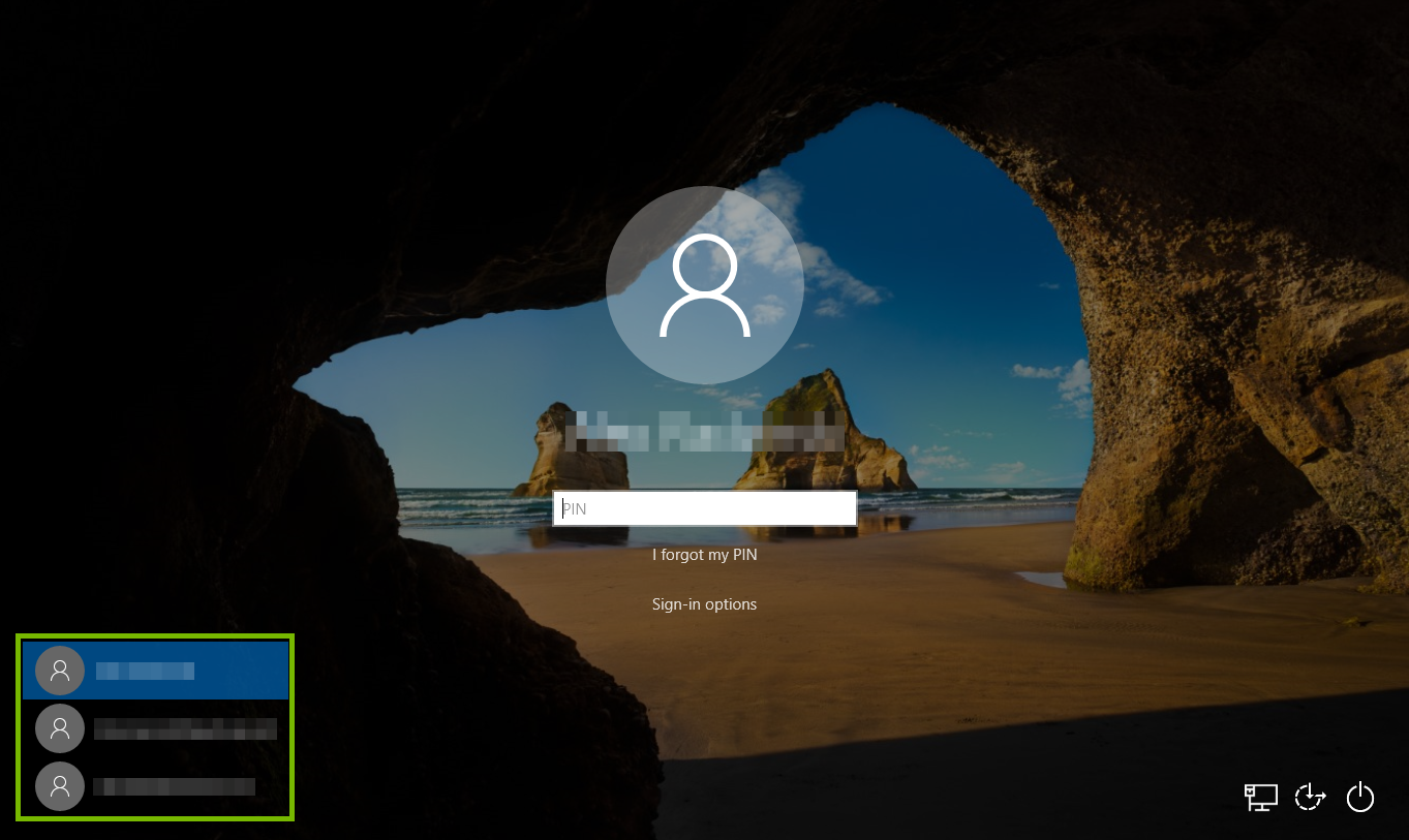 Windows Login Screen with user choices highlighted