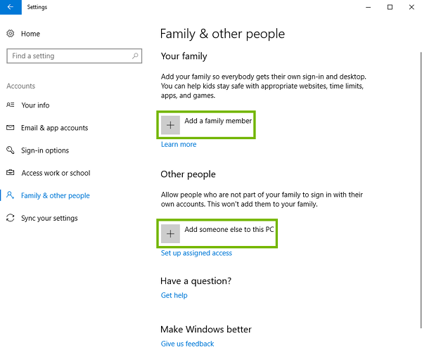 Family and other people settings with add buttons highlighted.