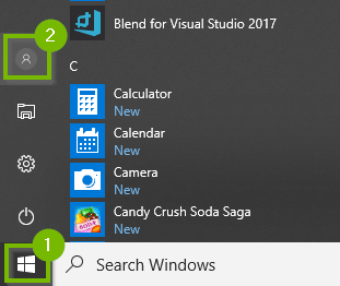 Start menu with User icon highlighted