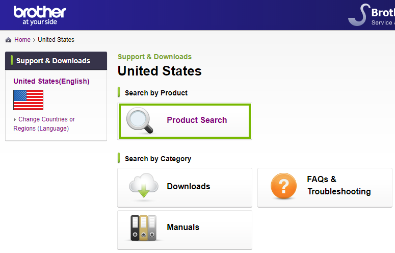 Brother website highlighting the product search link. Screenshot.