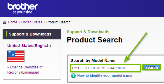 Brother website highlighting the product search box. Screenshot.
