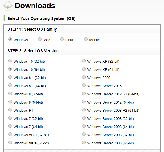 Brother website displaying a list of available operating systems to choose from. Screenshot.
