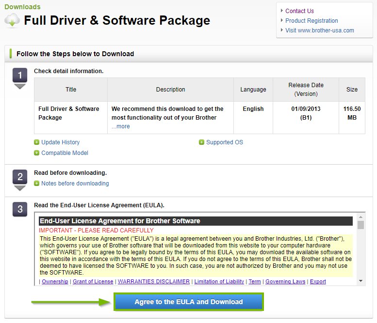 Brother website highlighting the agree to the EULA and download button. Screenshot.