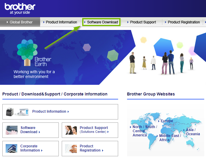Brother website highlighting the software download link. Screenshot.