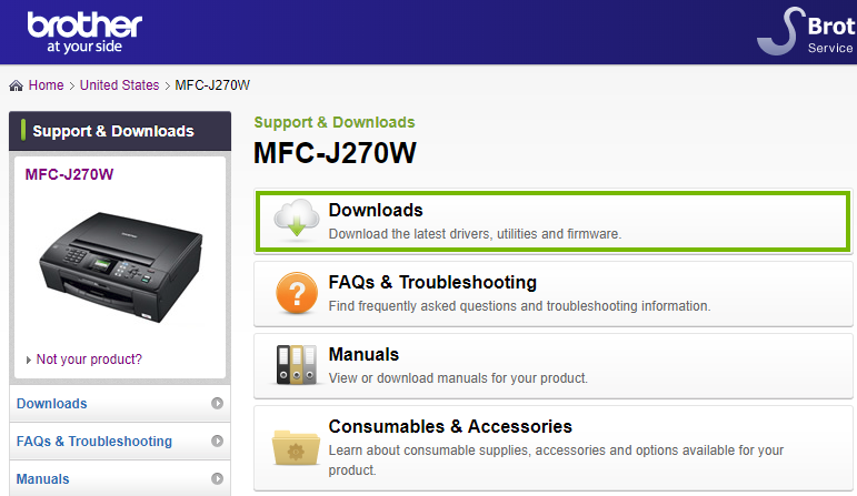 Brother website highlighting the downloads link. Screenshot.