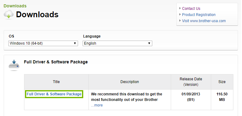 Brother website highlighting the full driver and software package link. Screenshot.