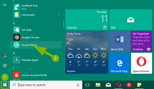Windows 10 start menu icon highlighted with start menu expanded with Groove Music highlighted within.