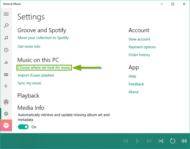 Groove music settings menu.