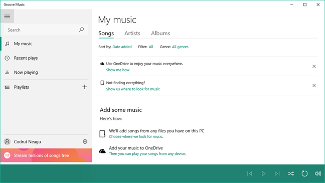 Groove Music application. Screenshot.
