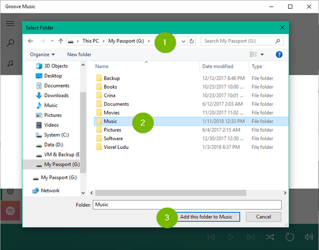 Groove music browse for music dialog box.