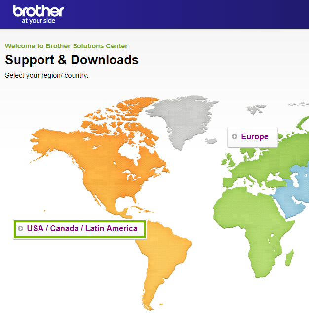 Brother website highlighting the usa region link. Screenshot.