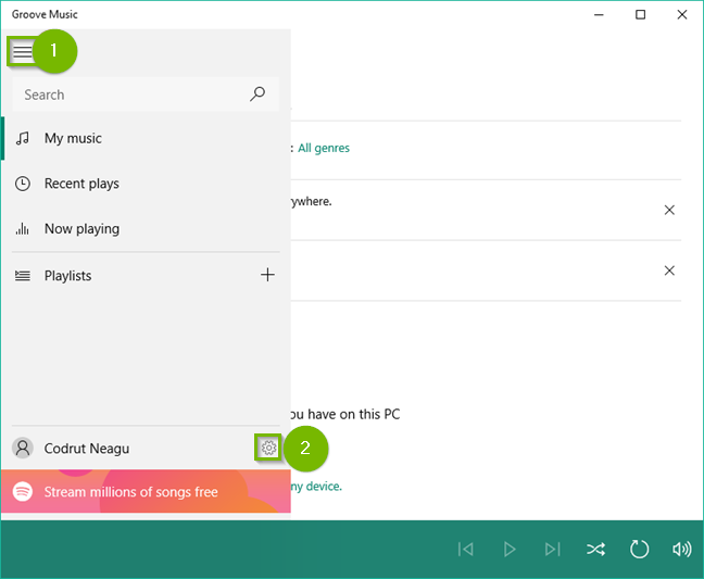 Groove music app highlighting the menu button and expanded menu, with the settings icon highlighted within.