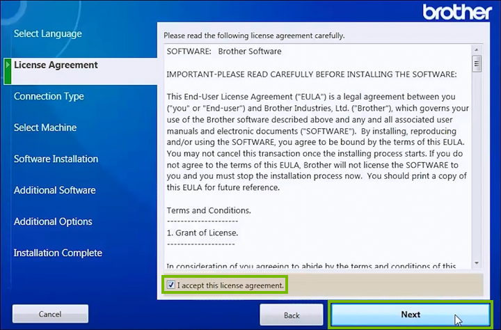 License Agreement acceptance screen.