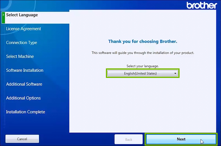 Language selection screen in printer software installer.
