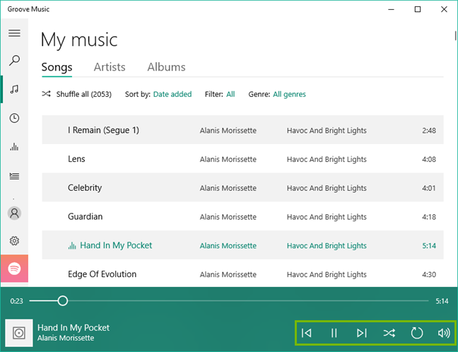 Groove music common play controls.