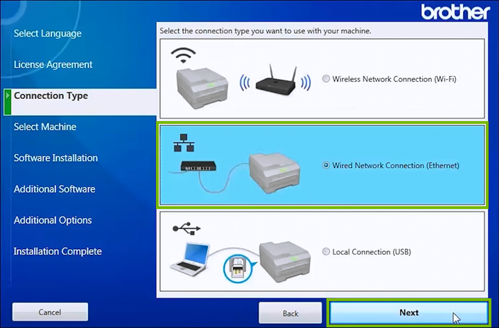 Connection type selection screen.