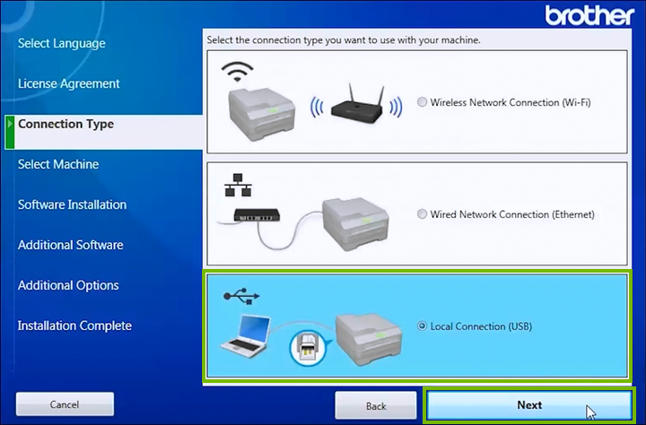 Printer connection type selection screen.