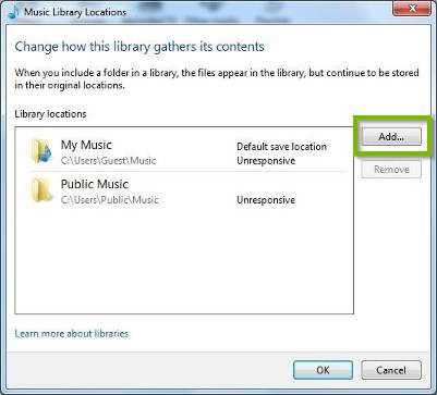 Windows media player adding a music library location.