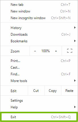 Chrome menu with Exit highlighted.