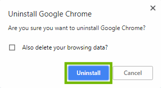 Uninstall conformation with Uninstall highlighted.