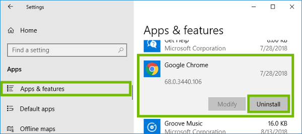 Apps and features with Chrome and Uninstall highlighted.