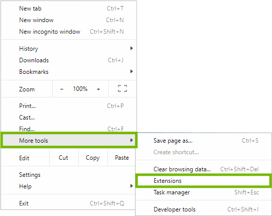 Chrome menu with More tools and Extensions highlighted.