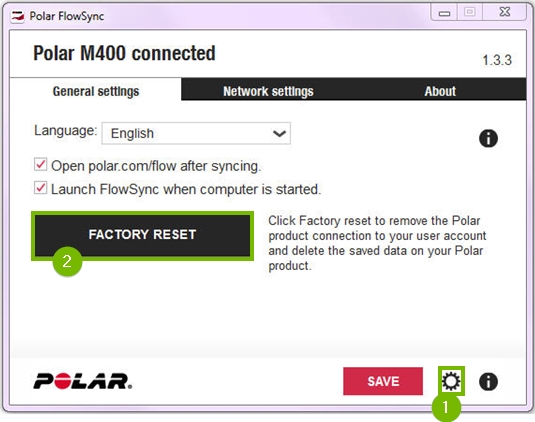FlowSync software with settings button and Factory reset button highlighted. Screenshot.