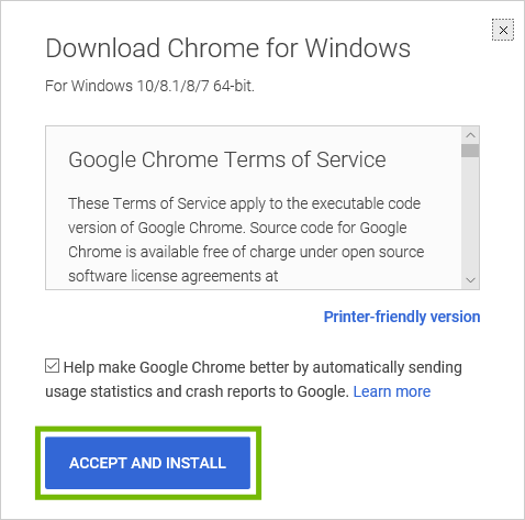 Chrome Terms of Service with Accept and Install highlighted.