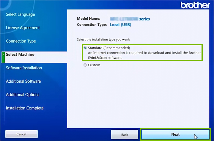 Software installation type selection screen.