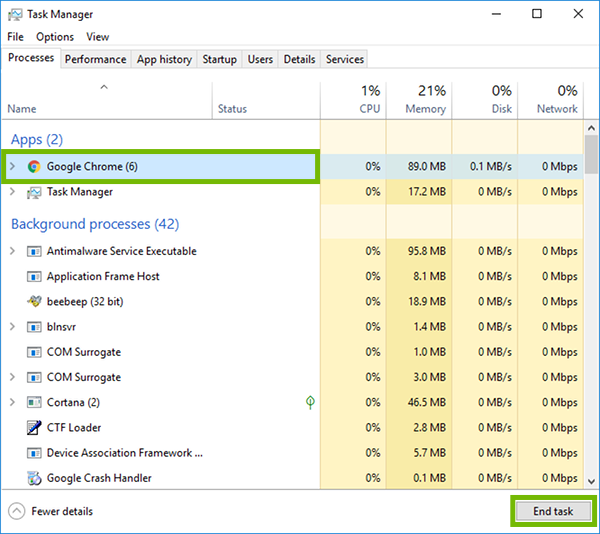 Task Manager with Google Chrome and End task highlighted.
