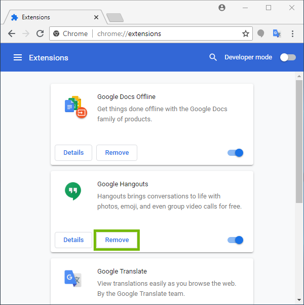 Extension with Remove button highlighted.