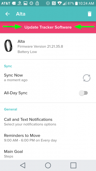 Fitbit Surge app showing tracker selected and update tracker software