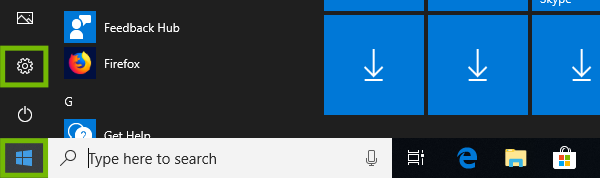 Start menu with Settings highlighted.