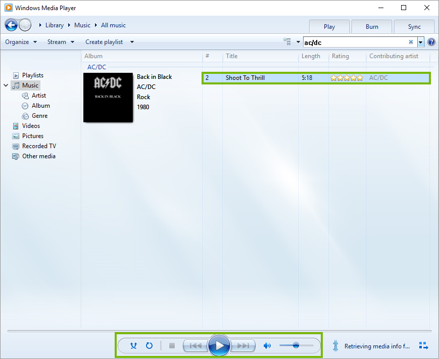 Windows media player common media listening controls.