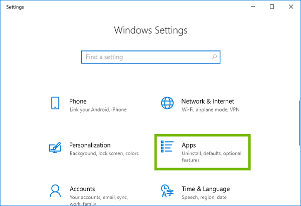 Settings with Apps highlighted.