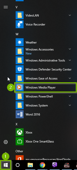 Windows 10 launching windows media player from the start menu.