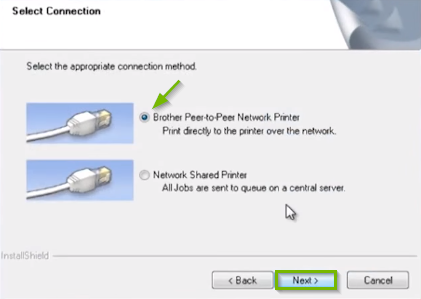 Brother printer software screen highlighting the brother peer-to-peer network printer radio button, and the next button.