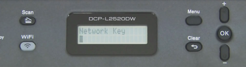 Brother printer control panel prompting the user to enter the Wi-Fi network password.