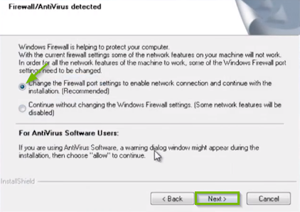 Brother printer software screen highlighting the recommended firewall settings radio button, and the next button.