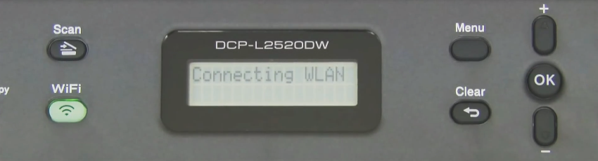 Brother printer control panel attempting to connect to the Wi-Fi network specified.