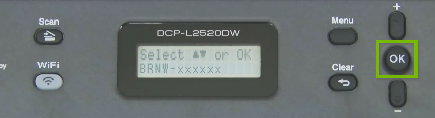 Brother printer control panel highlighting the OK button.