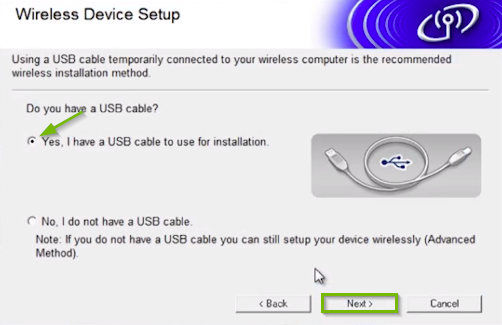 Brother printer software screen highlighting the USB installation radio button, and the next button.