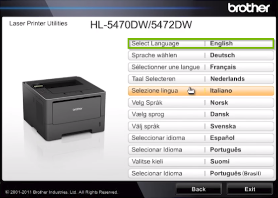 Brother printer software screen highlighting language selection options.